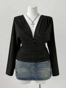 Sunspun Plus Size Women's Autumn/Winter Plunging Neck Sequin Bling Bling Black Elegant Vintage Cute Casual Chic Fitted Blouse Fall Cloth For Women - Black - View 7