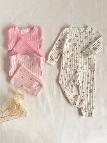 SHEIN 6pcs/Set Baby Girls Round Neck Long Sleeve Ribbed Ditsy Floral T-Shirt With Elastic Waist Pants, Comfortable, Fashionable, Versatile, Korean Style Casual Outfit, Suitable For Layering Or Outerwear, New Autumn Collection Fall Winter