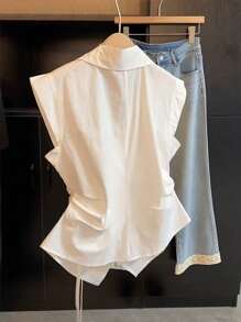 SHEIN 大码夏季休闲纯色无袖裹身衬衫 - 白色 - 查看 2