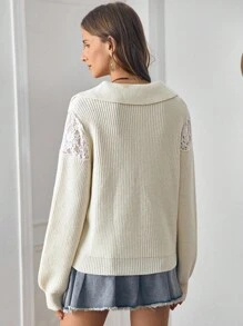 SHEIN LUNE LanaWest Women's Solid Color Contrast Lace Casual Sweater Fall Winter Cloth For Women - Beige - View 2