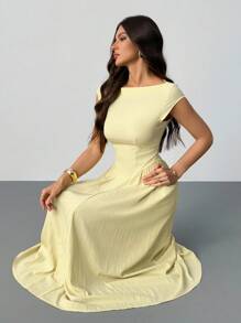 SHEIN Tall 女士优雅纯色束腰长裙，夏季 - 黃色 - 查看 7