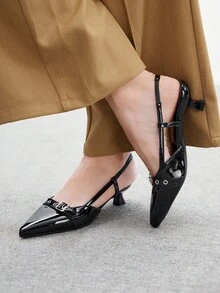 CUCCOO BIZCHIC Mulas de tacón alto versátiles para damas con punta afilada, tacón de gatito, negro, recorte hueco y correa trasera, cómodas para la oficina y el transporte - Negro - Ver 3