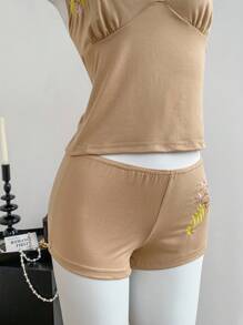 SHEIN Unity 女士棕色花卉刺绣复古 Y2K 紧身舒适海滩度假泳衣套装、细肩带 V 领吊带背心和性感短裤 - 卡其色 - 查看 5