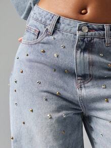 MISSGUIDED Studded Wide Leg Statement Jeans Festival Embellished Distressed Vintage Y2K Style Rhinestone Denim Pants Dance Party Occasion - Baby Blue - View 6
