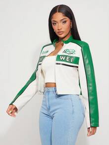 SHEIN SXY Women's Contrast Color Jacket, Chic Motorcycle Crop Top, Versatile For Autumn,Business, Retro, Outing, Old Money,Siren Coquettish,  Cruise Attire, Commuting,  Richly Layered, Date Night, Gathering, Minimalism, Birthday, Formal Event, Break, Modest, Chic, Casual, Shopping, Street Wear, Going Out,ملابس شتوية للنساء