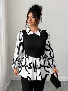 Elenzga Plus Size Fashionable Commuter Contrast Color Print Patchwork Shirt Fall Cloth For Women