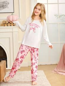 Cute INS Bow & Heart Pattern Girls Pajamas Girls Pajama Set Girls Sleepwear Set 2 Piece Pajama Set For Teen Girl Tween Girl Pajamas - Multicolor - View 5