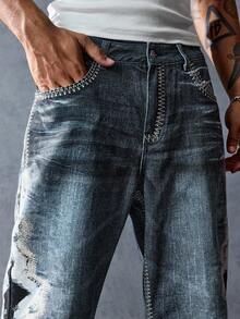 ROMWE MEN Street Life Jeans casuales y versátiles para hombres con cierre de botones y pierna entallada - Azul - Ver 2