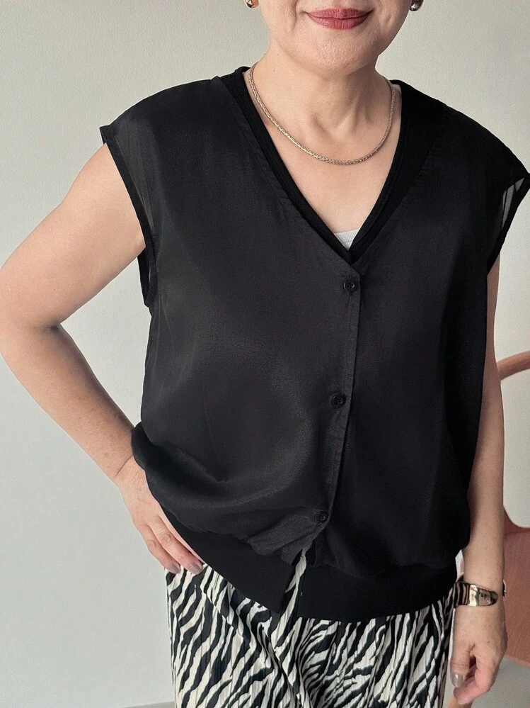 FRIFUL 女式V领网眼拼布宽松无袖背心衬衫，秋季 - 黑色 - 查看 3