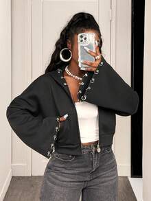 BamGleam Áo hoodie ngắn tay loe trang trí nhẫn phong cách Punk thời trang - màu đen - Xem 6
