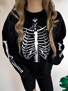 INAWLY 时尚骷髅印花圆领卫衣，秋冬 - 黑色 - 查看 4