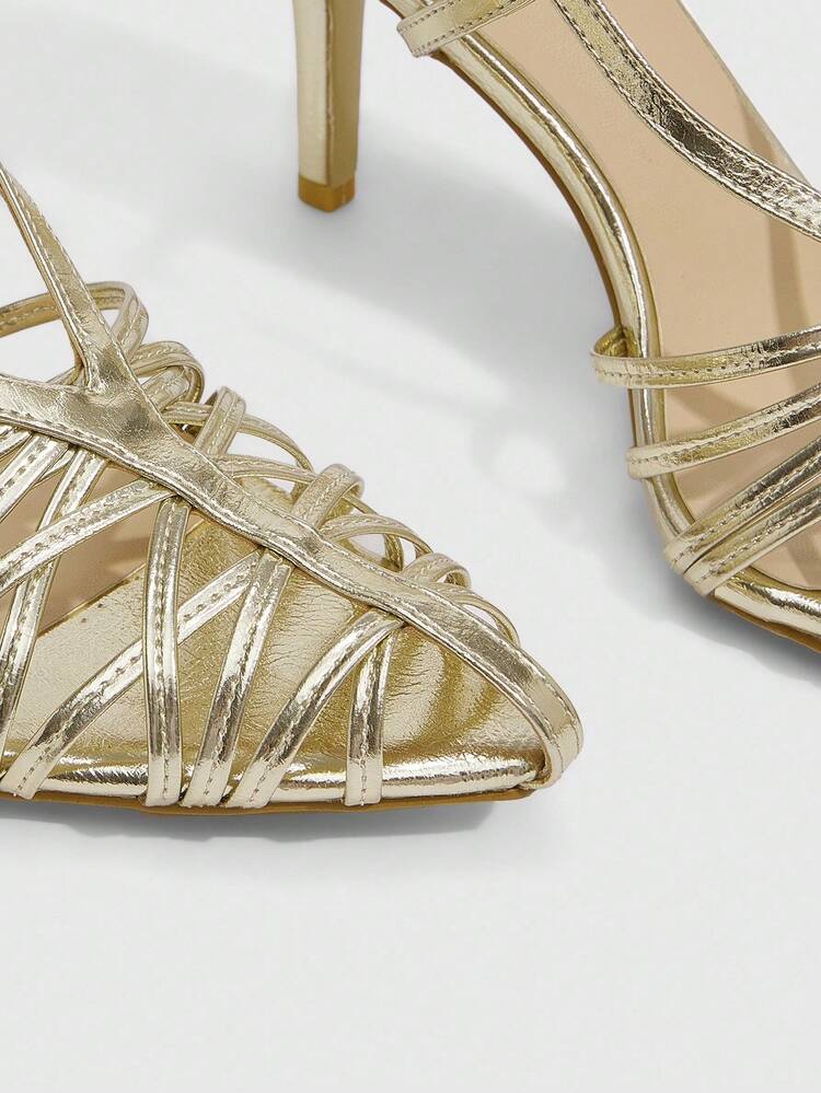 CUCCOO SZL Women's Fashion Gold Woven Backstrap Comfortable Mid-Heel High Heel Sandals For Christmas Spring Shoes Prom Heels