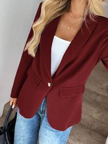 SHEIN LUNE 2024秋冬新款灰绿色女士腰部纽扣西装外套 - 酒紅色 - 查看 6