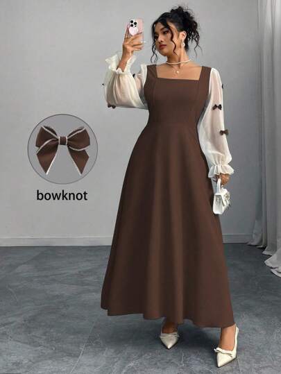 Modelyn 大码女式拼接透视荷叶边袖蝴蝶结装饰方领束腰连衣裙，春夏秋季