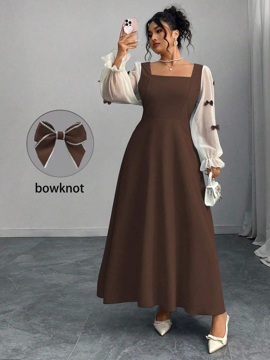 Modelyn Plus Size Women's Patchwork Sheer Ruffle Sleeve Bow Decor Square Neck Waist Cinched Dress, Spring/Summer/Autumn Fall Cloth For Women - Brown - View 1