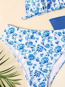 SHEIN Conjunto de bikini floral para niñas preadolescentes, atuendo de playa, ocio de vacaciones, viaje a la , conjunto de traje de baño de tres piezas, traje de baño con falda, traje de baño de tres piezas, traje de baño de niña con pareo, bikini floral con falda - Azul menta - Ver 6