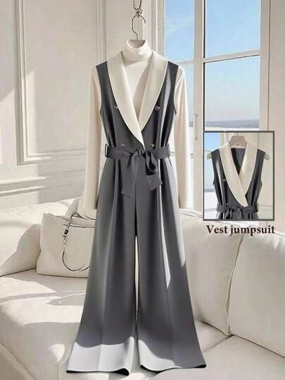 Franclia 秋季时尚气质通勤修身腰部撞色拼接无袖背心灰色长款阔腿裤女式春秋连体裤复古商务休闲女装