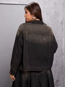 SHEIN EZwear 大码女式前卫街头风格做旧黑色牛仔夹克，无弹力 - 黑色 - 查看 2