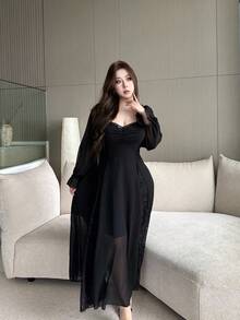 Flirla 优雅蕾丝边泡泡袖连衣裙，收腰，度假，海滩，生日，法式时尚 - 黑色 - 查看 7