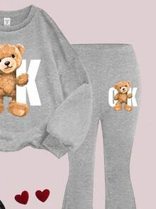 SHEIN Leap Crew Tween Mädchen Sweatshirt mit Bären Muster und weite Hose 2 Stücke Lässig Set