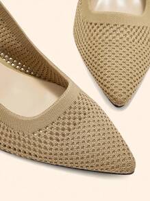 CUCCOO BASICS Women's Pointed Toe Chunky Heel Mid-Heel Slip-On Knit Backstrap Breathable Pumps, Spring/Summer - Khaki - View 5