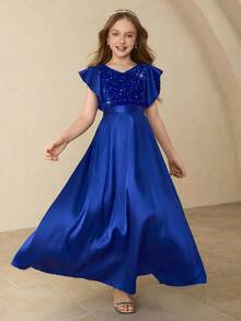 优雅串珠缎面无袖荷叶边女童连衣裙，适合花童、婚礼、舞会、生日派对、圣诞节、万圣节、返校、毕业典礼 - 藍色 - 查看 1