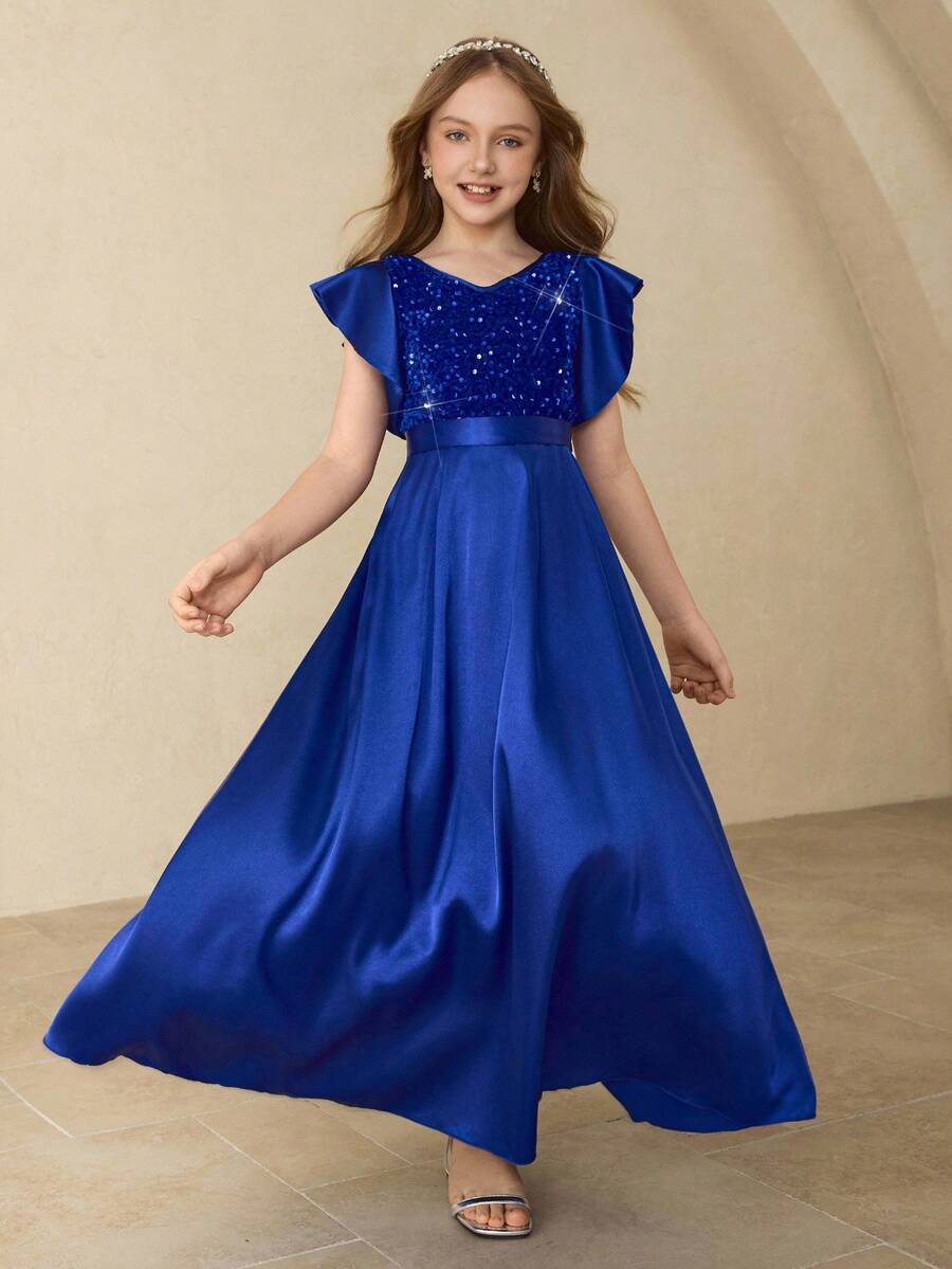 优雅串珠缎面无袖荷叶边女童连衣裙，适合花童、婚礼、舞会、生日派对、圣诞节、万圣节、返校、毕业典礼 - 藍色 - 查看 1