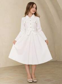 Elegancka, minimalistyczna, modna sukienka koszulowa dla dziewcząt z obniżonymi ramionami, długim rękawem i ściągaczem w pasie, średniej długości, w jednolitym kolorze, z perłowymi guzikami, odpowiednia na ukończenie szkoły, oficjalne okazje, Boże Narodzenie, Halloween i na każdą porę roku - Biały - Zobacz 8