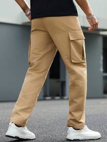 Manfinity Homme 男士休闲纯色工装裤 男士卡其色工装裤 卡其色慢跑裤 男士米色裤子 男士裤子 卡其色男士工装裤，秋季 - 卡其色 - 查看 2