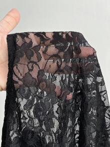 Flirla Áo thun dài tay ren bất đối xứng thiết kế trễ vai thanh lịch cỡ lớn, áo crop top ôm vừa vặn gợi cảm dành cho nữ mùa thu - màu đen - Xem 6
