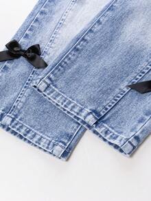 Elladie kids 女童（小号）破洞复古时尚个性前片开叉漂白牛仔阔腿牛仔裤，带 3D 蝴蝶结，百搭四季蓝色休闲裤 - 藍色 - 查看 7