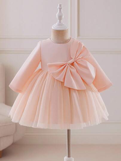 Glamorique Kids Baby Girls' Elegant Fashion Pink Long Sleeve Bow Decor Faux Pearl Round Neck Party Dress, Princess Gown Suitable For Daily, Party, Event Wear To Showcase Young Girl's Graceful, Refined And Style Fall Winter