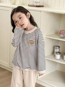 Genkimix Kids 2件套少女条纹休闲上衣+纯色休闲慢跑裤套装 - 卡其色 - 查看 3