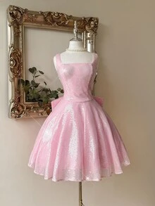 Lovelzi 优雅奢华粉色亮片刺绣宽肩带方领连衣裙，蝴蝶装饰，适合正式场合 - 粉色 - 查看 6