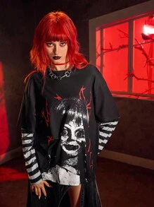 ANNABELLE x SHEIN Women's Horror Figure Graphic Round Neck Long Sleeve T-Shirt - Black - View 1