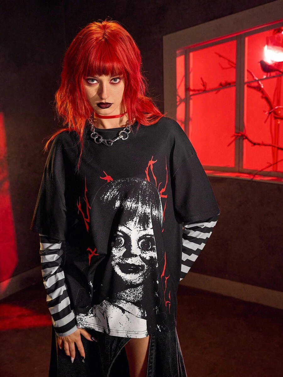 ANNABELLE x SHEIN Women's Horror Figure Graphic Round Neck Long Sleeve T-Shirt - Black - View 1
