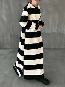 FRIFUL Women's Round Neck Drop Shoulder Long Sleeve Black & White Striped Straight Long Dress, Autumn Dress, Outdoor Dress, Autumn Wear