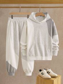 HIMLAND 2pcs/Set Men's Casual Knit Tri-Color Patchwork Hoodie Set - Multicolor - View 1