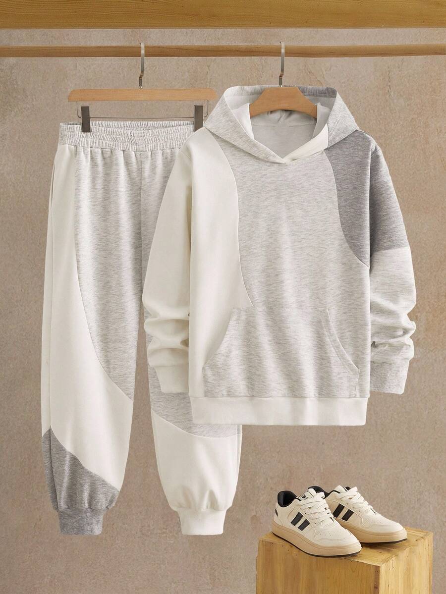 HIMLAND 2pcs/Set Men's Casual Knit Tri-Color Patchwork Hoodie Set - Multicolor - View 1