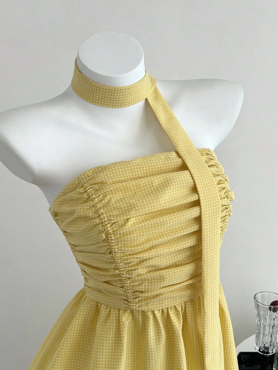 Elamini Lace Trim Hem Tube Top With Plaid Scarf - Yellow - View 1