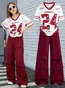 SHEIN Explorewe Teenager Mädchen Outfit mit Zahlen-Muster V-Ausschnitt Kurzarm T-Shirt und Hose, Lässig