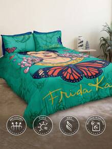 Frida Kahlo X SHEIN Juego de ropa de cama de 3 piezas con estampado de flores y mariposas verdes, de tela suave y transpirable, se ajusta a varios tamaños de cama para decoración del dormitorio