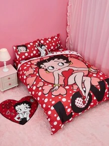 Betty Boop x SHEIN 波点爱心图案被套套装，温暖柔软，多种尺寸可选，三件套，礼品之选，派对、节日、情人节适用 - 彩色 - 查看 2