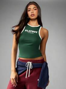 Missguided x Playboy 复古风格标志背心无袖工字背心短款修身休闲 Y2K 美学背心 - 墨綠色 - 查看 4