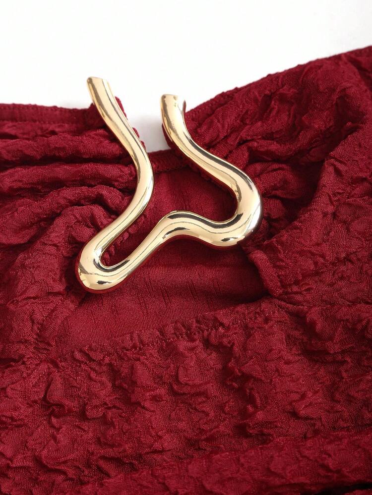 Sweetra New Autumn Fashion Elegant U-Shape Metal Decor Y2K Jacquard Elastic Fabric Formal/Commute Peplum Waist Slim Strapless Mini Dress For Women - Burgundy - View 4