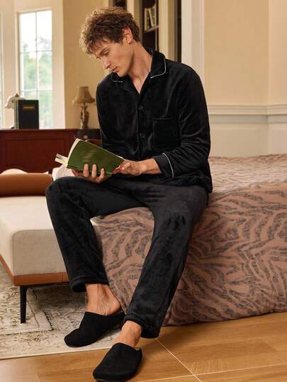 SHEIN EverLounge Men's Autumn/Winter Pajama Set - Button-Up Shirt & Pants Men Pajama Set Men Lounge Set Men Pajama Set Men Sleep Wear Black Pajama Set Men