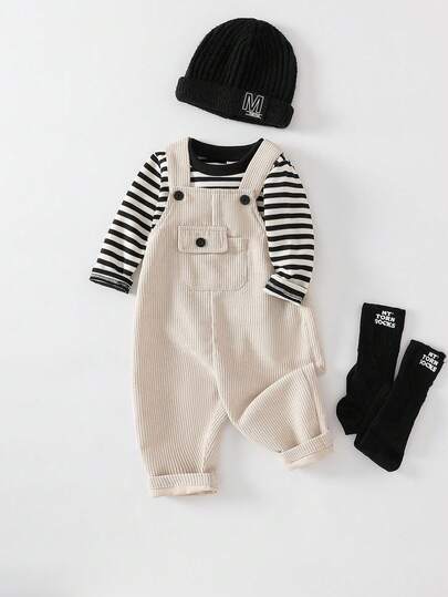 SHEIN Playful Pals 2pcs Baby Boy Spring/Autumn Outfit, Black And White Contrast Striped Crew Neck Sweatshirt And Beige Simple Suspender Pants Set, Suitable For Outings, Casual Wear, Sports, And Parties,Toddler Overalls Cozy Pixies, Infant Boy Winter Clothes Set, Baby Boys Sets,Boy Fall Outfits,Children/Infant Clothing,Baby Boy Clothes,Baby Casual Sets,Toddler Boy Winter Outfit Baby Boy Winter Clothes,6M-3T Baby Clothes Neutral Baby Unisex Fall Outfit Baby Boy Corduroy Overalls Baby Boy Overall Set