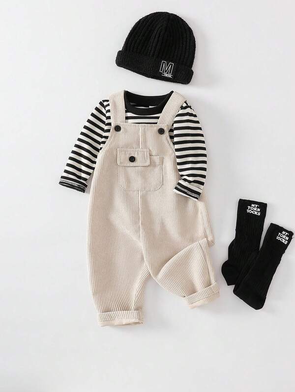 SHEIN Playful Pals 2pcs Baby Boy Spring/Autumn Outfit, Black And White Contrast Striped Crew Neck Sweatshirt And Beige Simple Suspender Pants Set, Suitable For Outings, Casual Wear, Sports, And Parties,Toddler Overalls Cozy Pixies, Infant Boy Winter Clothes Set, Baby Boys Sets,Boy Fall Outfits,Children/Infant Clothing,Baby Boy Clothes,Baby Casual Sets,Toddler Boy Winter Outfit Baby Boy Winter Clothes,6M-3T Baby Clothes Neutral Baby Unisex Fall Outfit Baby Boy Corduroy Overalls Baby Boy Overall Set