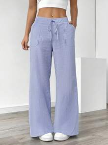 SHEIN PETITE Quần ống rộng sọc xanh thường ngày dành cho nữ, đi nghỉ - Màu xanh lam - Xem 3