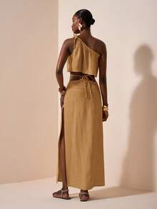 Zivah Conjunto de 2 piezas de top corto sin mangas con lazo y falda recta suelta con cintura asimétrica, material de fibra de bambú, color albaricoque, nuevo lanzamiento de verano 2025 para Día de la Madre, boda, fiesta de cumpleaños, casual, vacaciones, estilo callejero, elegante, oficina